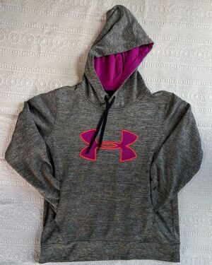 Under Armour Hoodie Womens M Fleece Big Logo Gray Pink Pullover Loose Fit